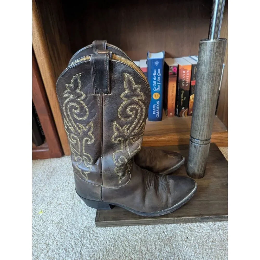 Justin Men’s Western Cowboy Boots Brown Leather Stitched Shaft Size 9 EE Wide